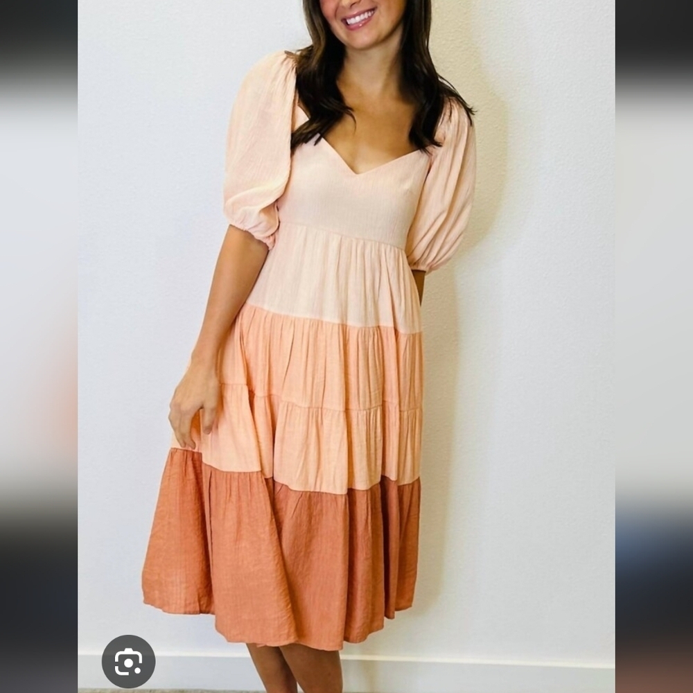Moodie Peach Tiered Midi Dress Boho Chic Wedding Guest Feminie Flowy Festival S